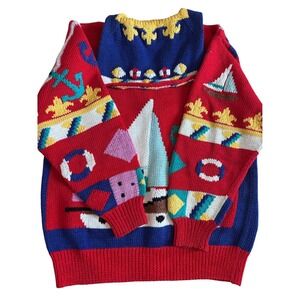 Vintage BEREK Women Red Nautical Handknit Cardigan Sweater size S